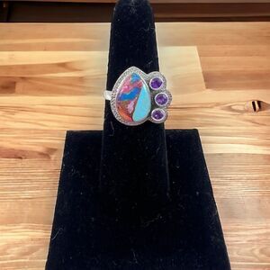 Kingsman Turquoise & Amethyst Ring, Solid Sterling Silver - Sz 7.5